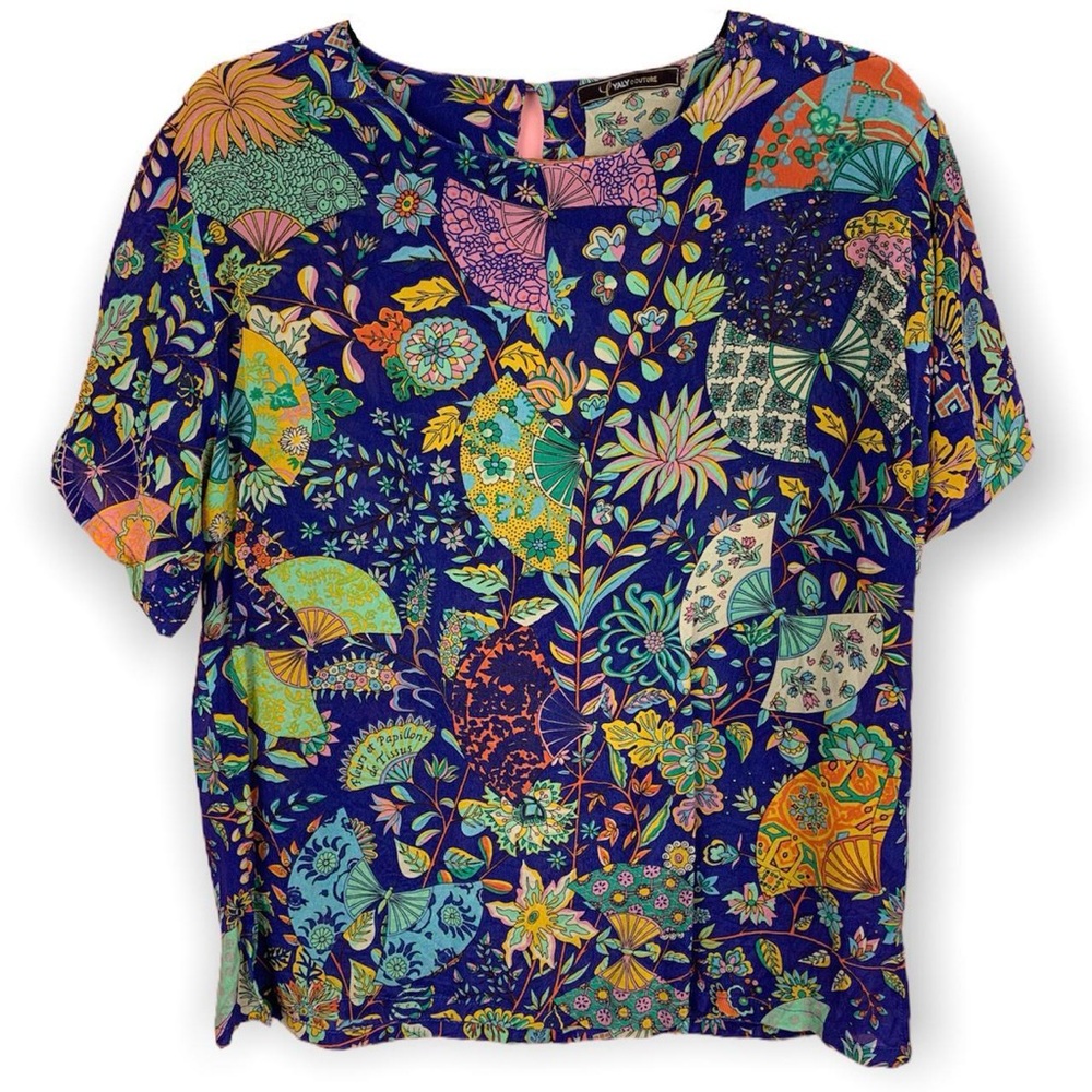 Vintage Y2K Silk Ornate Short Sleeve Top Blouse Floral Fan Print Blue Size M